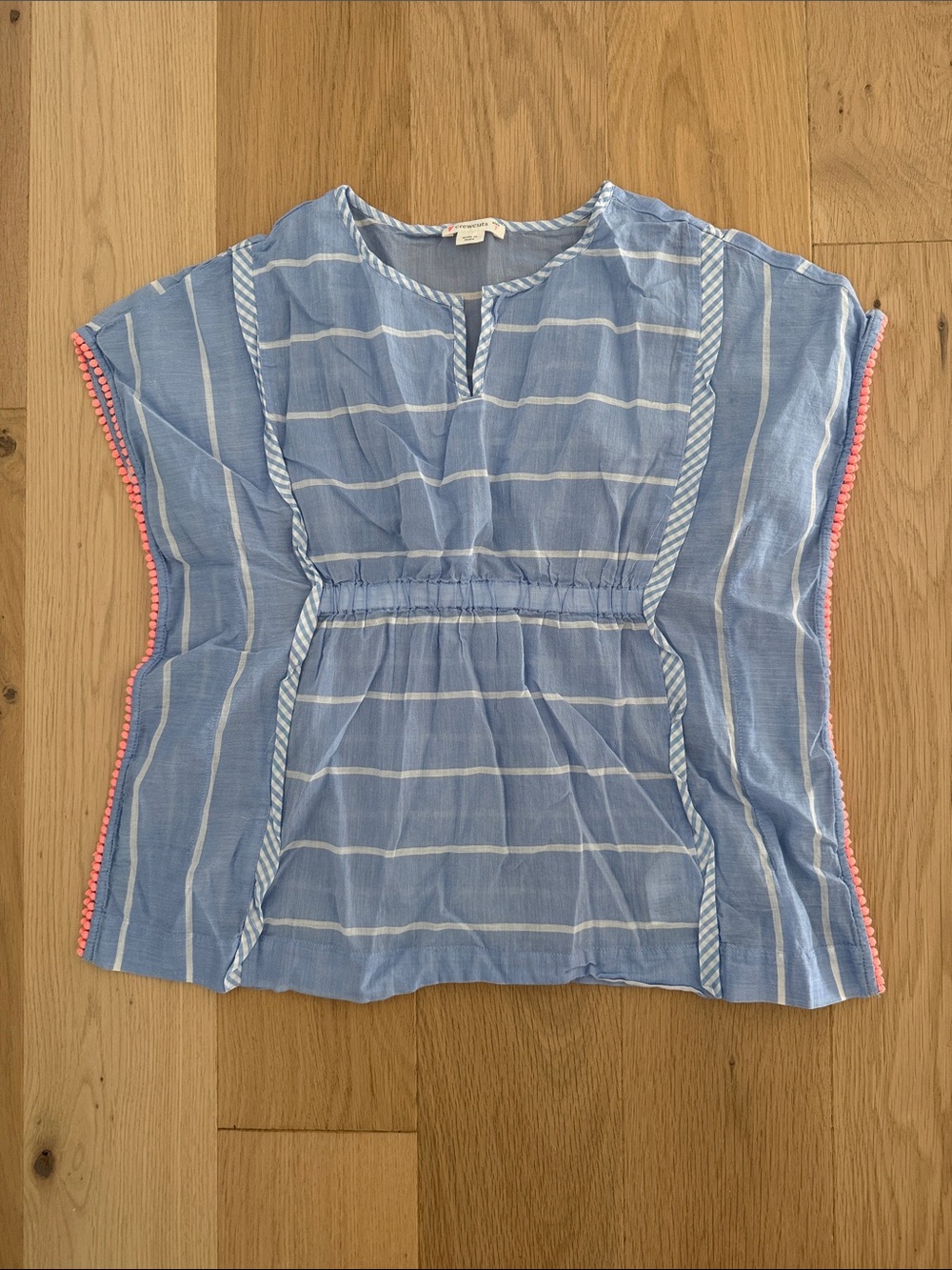 Crewcuts Light Blue and White Striped Girls' Tunic with Pink Pom Trim
